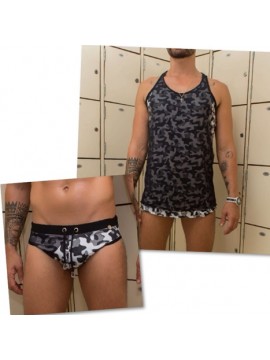  Brief Cut Swimming Trunks Set | With Bulge + Fit Tank Top with Woven Fabric - Camouflage | Black